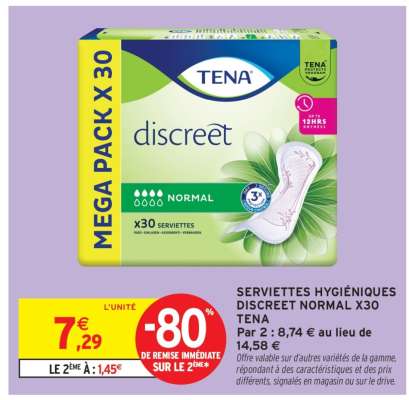 SERVIETTES HYGIÉNIQUES DISCREET NORMAL X30 TENA
