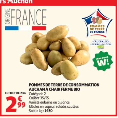 POMMES DE TERRE DE CONSOMMATION AUCHAN À CHAIR FERME BIO