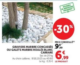 Graviers Marbre Concassés ou Galets Marbre Roulés Blanc Carrare