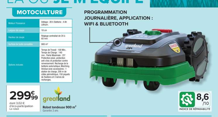 GREATLAND Robot tondeuse 900 m²