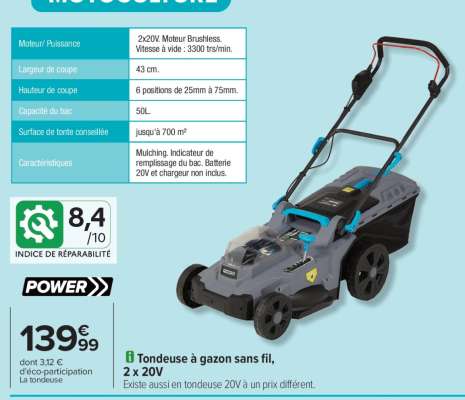 Tondeuse à gazon sans fil, 2 x 20V