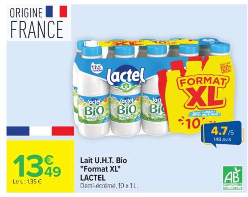 Lait U.H.T. Bio "Format XL" LACTEL