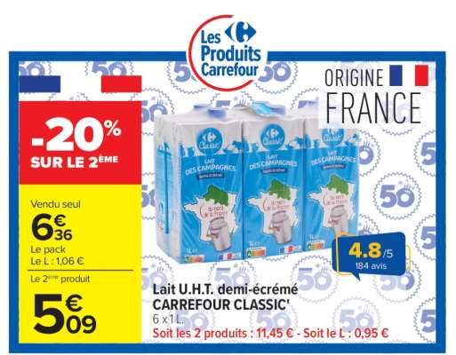 Lait U.H.T. demi-écrémé CARREFOUR CLASSIC'