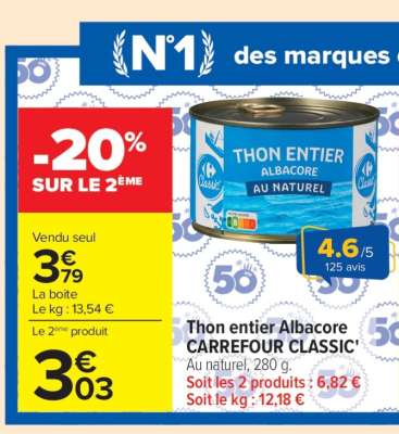 Thon entier Albacore CARREFOUR CLASSIC'