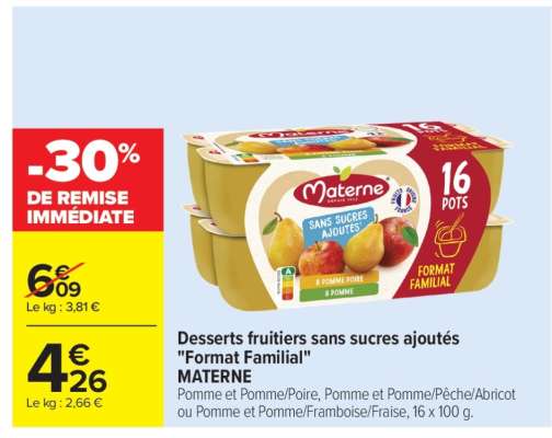 Desserts fruitiers sans sucres ajoutés «Format Familial» MATERNE