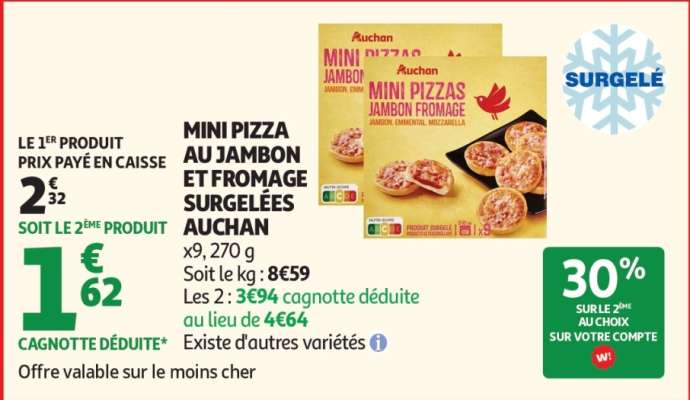 MINI PIZZA AU JAMBON ET FROMAGE SURGELÉES AUCHAN