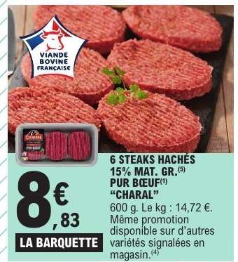 6 STEAKS HACHÉS 15% MAT. GR. PUR BŒUF 'CHARAL'