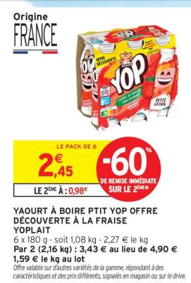 YAOURT À BOIRE PTIT YOP OFFRE DÉCOUVERTE À LA FRAISE YOPLAIT