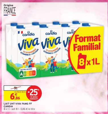 LAIT UHT VIVA 1%MG FF CANDIA