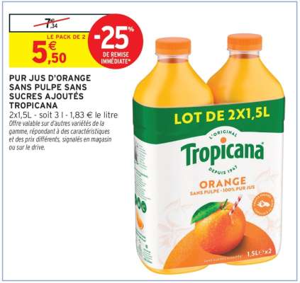 PUR JUS D'ORANGE SANS PULPE SANS SUCRES AJOUTÉS TROPICANA