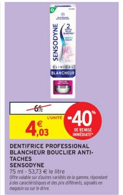 DENTIFRICE PROFESSIONAL BLANCHEUR BOUCLIER ANTI-TACHES SENSODYNE