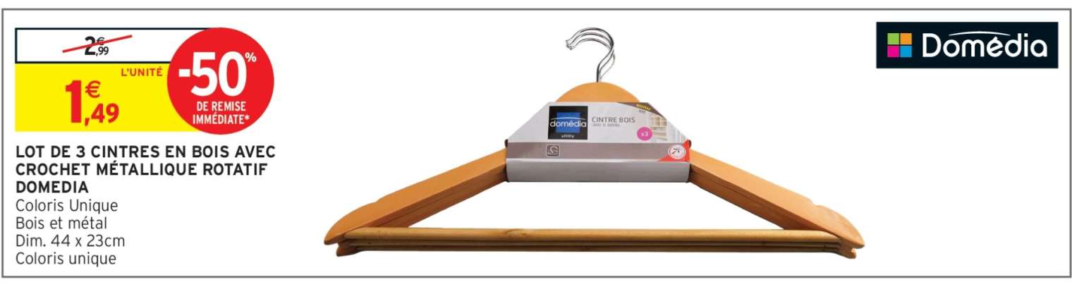 Lot de 3 cintres en bois avec crochet métallique rotatif Domédia