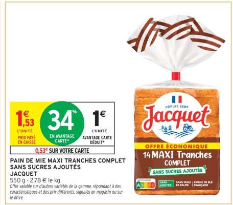 PAIN DE MIE MAXI TRANCHES COMPLET SANS SUCRES AJOUTÉS JACQUET