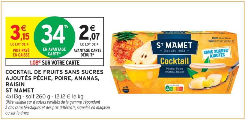 COCKTAIL DE FRUITS SANS SUCRES AJOUTÉS PÊCHE, POIRE, ANANAS, RAISIN