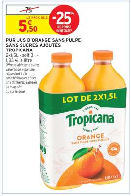Tropicana Pur Jus d'Orange Sans Pulpe Sans Sucres Ajoutés