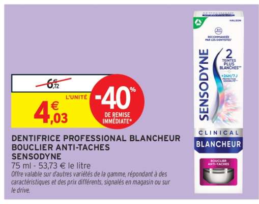 DENTIFRICE PROFESSIONAL BLANCHEUR BOUCLIER ANTI-TACHES SENSODYNE