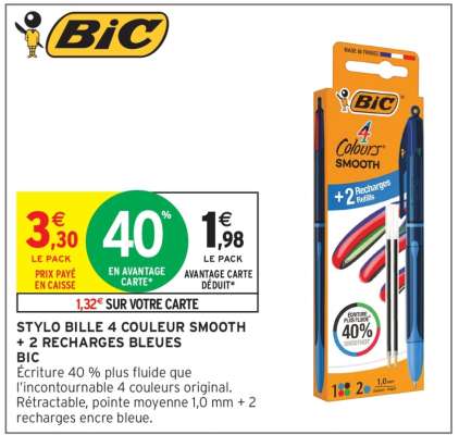 STYLO BILLE 4 COULEUR SMOOTH + 2 RECHARGES BLEUES BIC