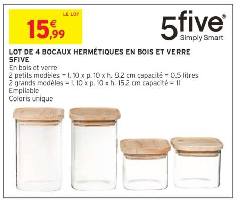 Lot de 4 bocaux hermétiques en bois et verre 5Five