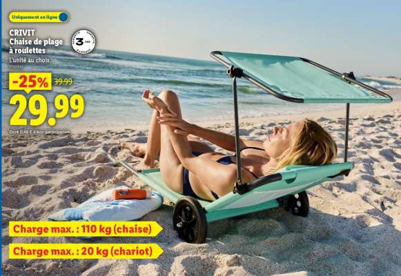 CRIVIT Chaise de plage à roulettes