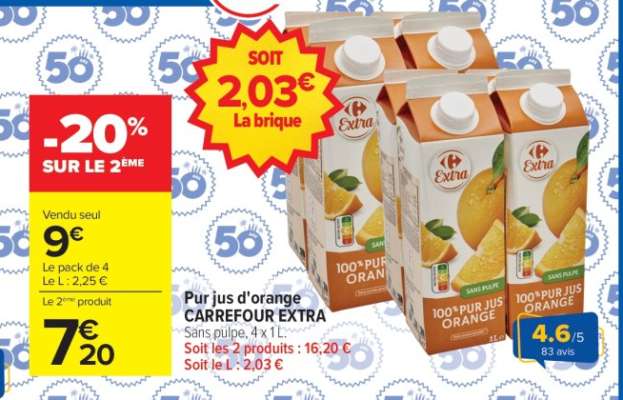 Pur jus d'orange CARREFOUR EXTRA