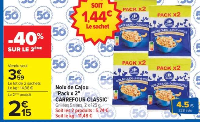 Noix de cajou «Pack x 2» CARREFOUR CLASSIC’
