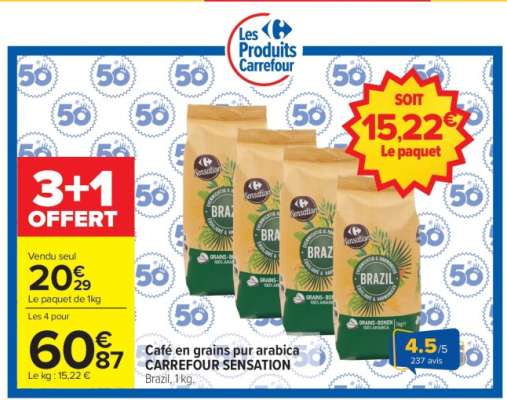 Café en grains pur Arabica CARREFOUR SENSATION