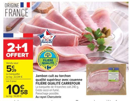 Jambon cuit au torchon qualité supérieur avec couenne FILIÈRE QUALITÉ CARREFOUR