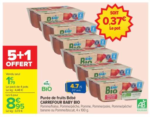 Purée de fruits Bébé CARREFOUR BABY BIO