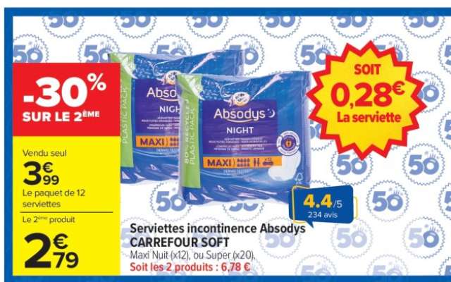 Serviettes incontinence Absodys CARREFOUR SOFT