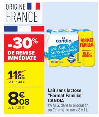 Lait sans lactose «Format Familial» CANDIA