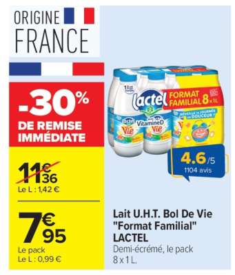 Lait U.H.T. Bol De Vie «Format Familial» LACTEL