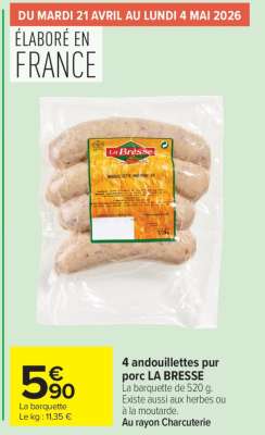 4 andouillettes pur porc LA BRESSE