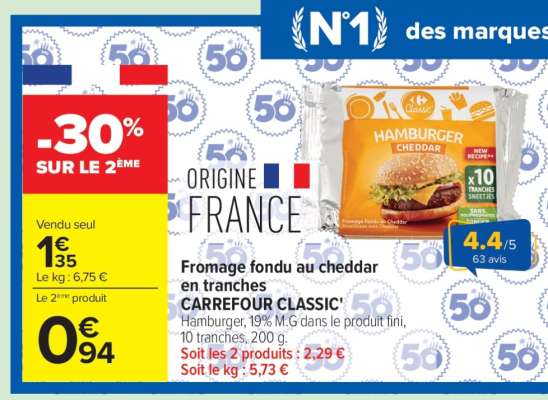 Fromage fondu au cheddar en tranches CARREFOUR CLASSIC'