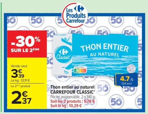 Thon entier au naturel CARREFOUR CLASSIC'