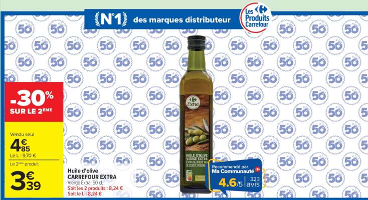 Huile d'olive CARREFOUR EXTRA Vierge Extra, 50 cl