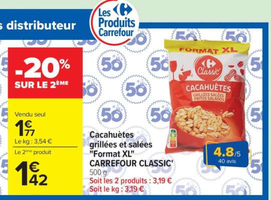 Cacahuètes grillées et salées "Format XL" CARREFOUR CLASSIC