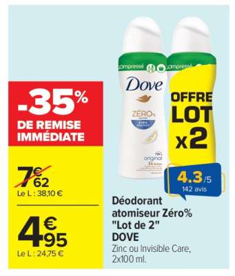 Déodorant atomiseur Zéro% "Lot de 2" DOVE