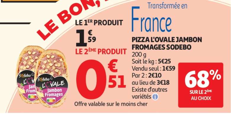 PIZZA L'OVALE JAMBON FROMAGES SODEBO