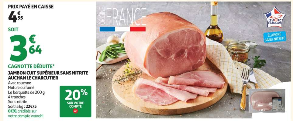 Jambon Cuit Supérieur Sans Nitrite Auchan Le Charcutier