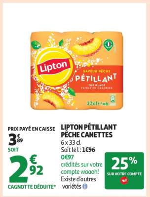 LIPTON PÉTILLANT PÊCHE CANETTES