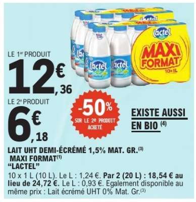 Lait UHT Demi-Écrémé 1,5% Mat. Gr. Maxi Format Lactel
