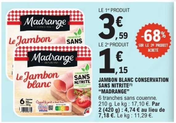 JAMBON BLANC CONSERVATION SANS NITRITE 'MADRANGE'