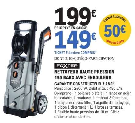 FOXTER NETTOYEUR HAUTE PRESSION 195 BARS AVEC ENROULEUR