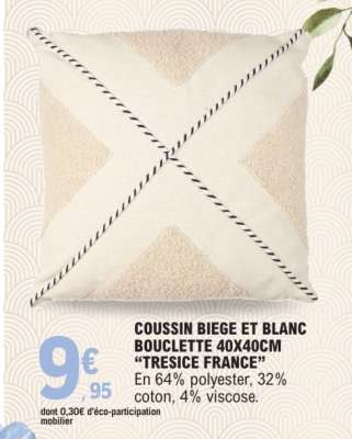 COUSSIN BIEGE ET BLANC BOUCLETTE 40X40CM "TRESICE FRANCE"