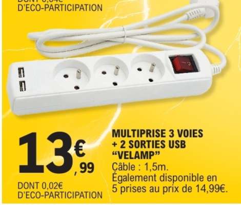 MULTIPRISE 3 VOIES + 2 SORTIES USB "VELAMP"