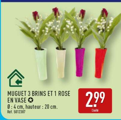 MUGUET 3 BRINS ET 1 ROSE EN VASE