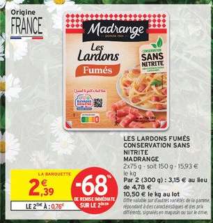 LES LARDONS FUMÉS CONSERVATION SANS NITRITE MADRANGE