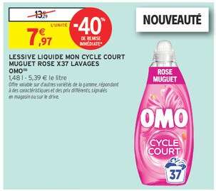 LESSIVE LIQUIDE MON CYCLE COURT MUGUET ROSE X37 LAVAGES OMO