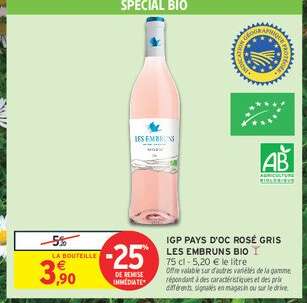 IGP PAYS D'OC ROSÉ GRIS LES EMBRUNS BIO
