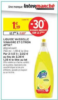 LIQUIDE VAISSELLE VINAIGRE ET CITRON APTA